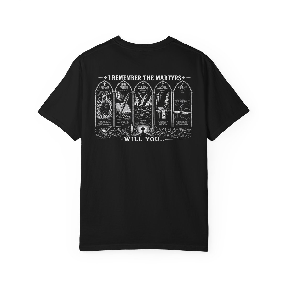 Remember the Martyrs shirt – back design with five arches